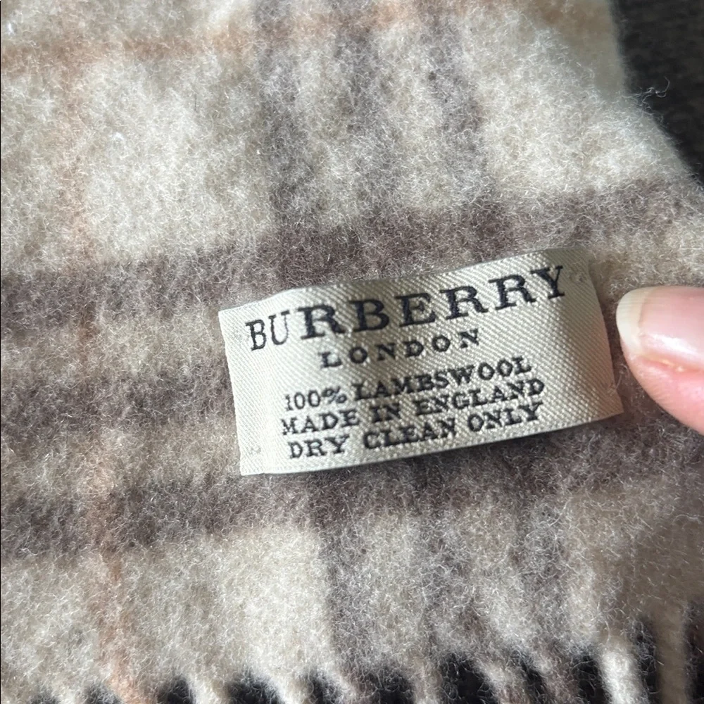 Burberry Cream and Brown Plaid 100% lamb wool scarf